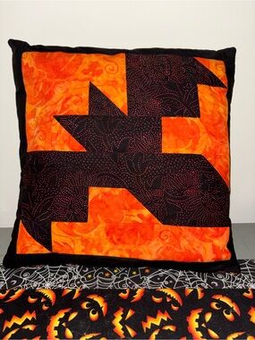 Handmade Orange and Black Bat Quilted Pillow 13 X 13 inch